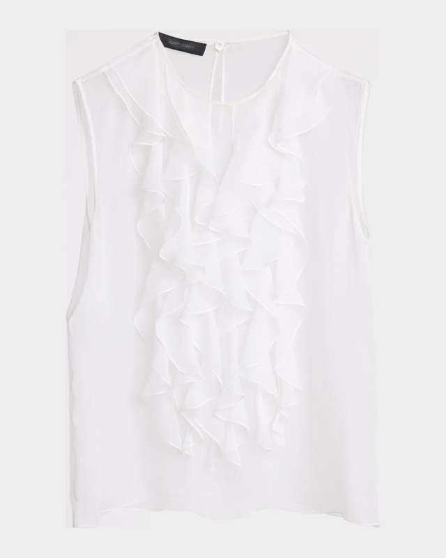 Ruffle Bib Sleeveless Silk Blouse